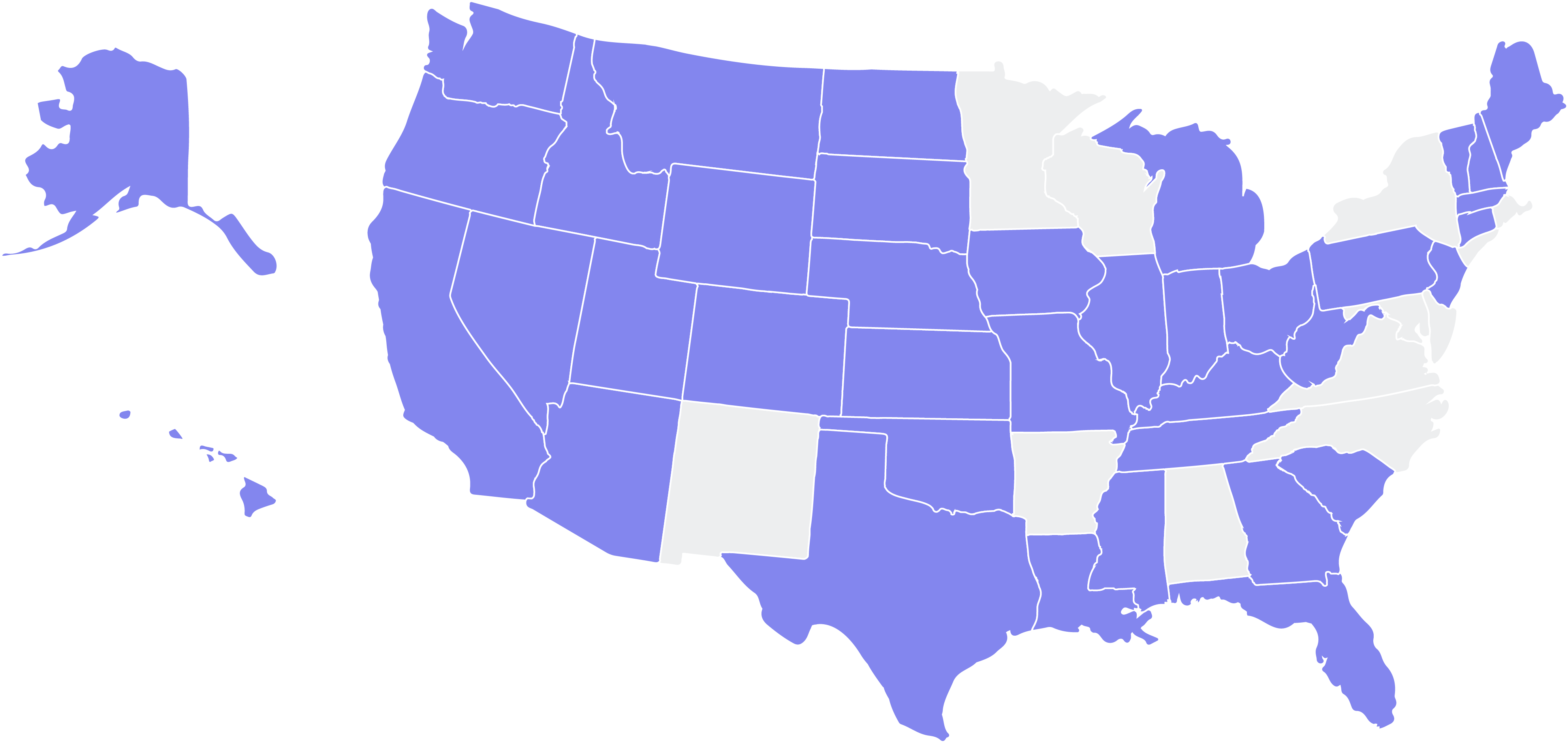 Map of US depicting states eligibile for AMDA's online programs