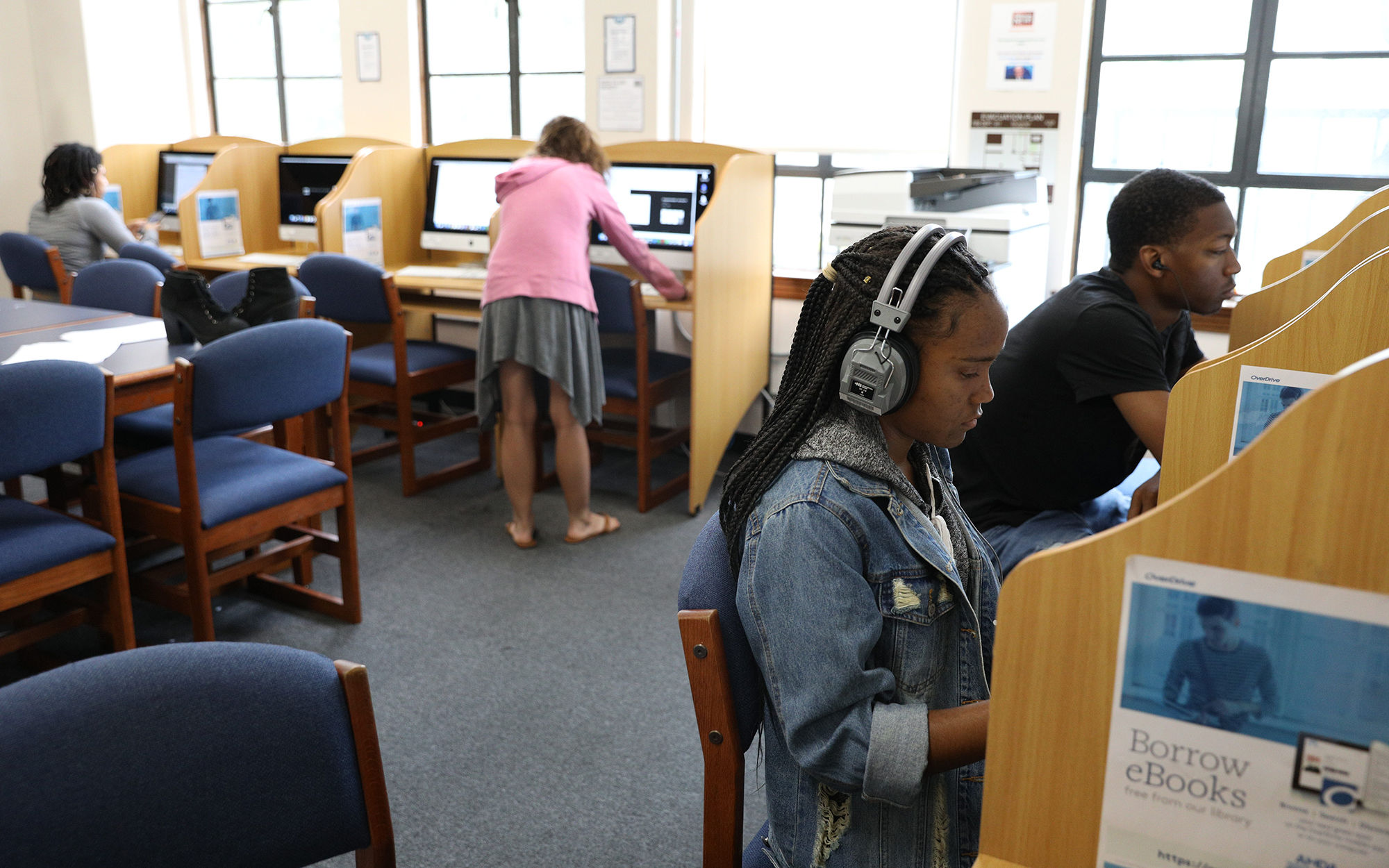Students quietly researching in computer lab