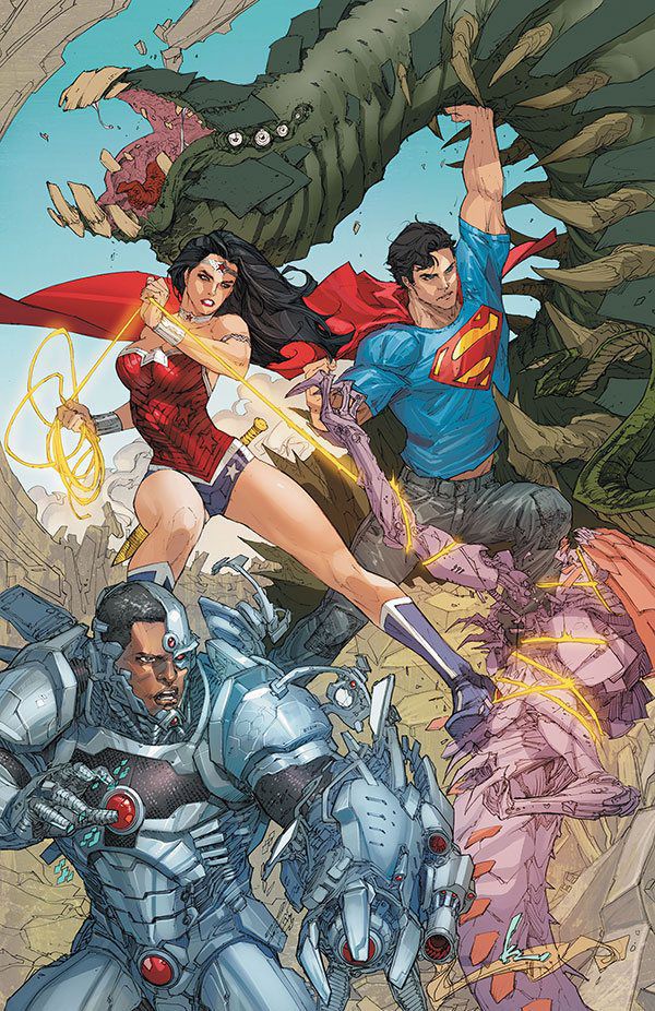 Cyborg in action alongside Wonder Woman and Superman (art by Kenneth Rocafort)