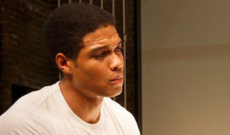 Ray Fisher as Muhammed Ali in Fetch Clay, Make Man. (Photo by Joan Marcus)